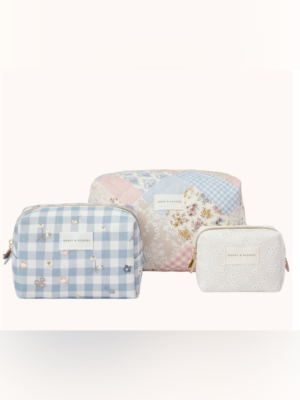 Poppy & Peonies Country Patchwork Cosmetic Bag 3 Pc Set!